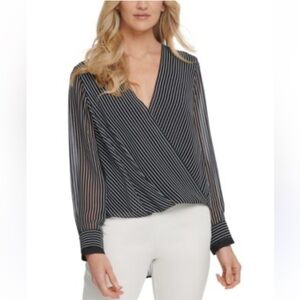 DKNY striped wrap front blouse M